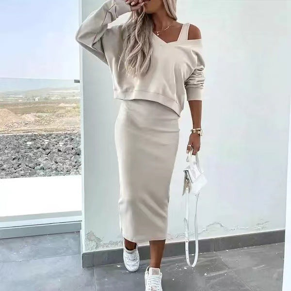 Women's Two Piece Dress Suit Fashion Long-sleeved V-neck Pullover Sweatshirt And Sleeveless Dresses Set Beige