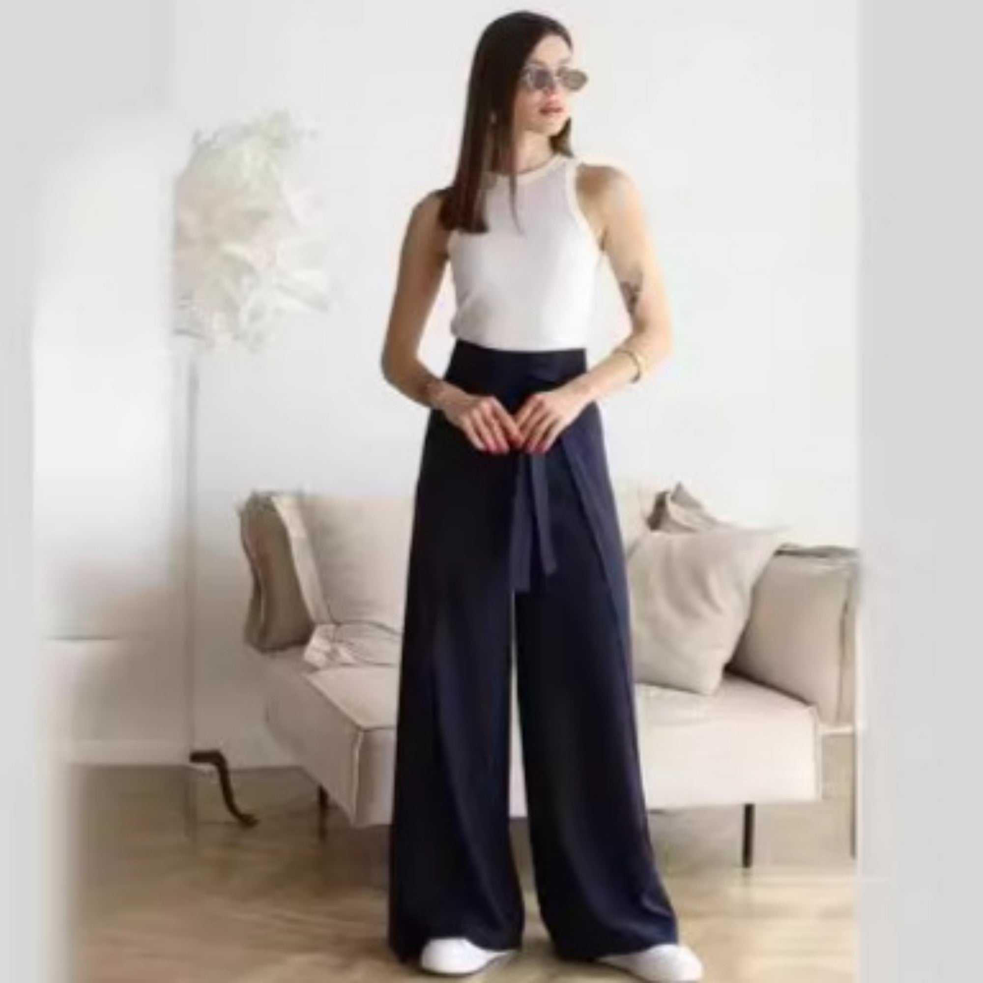 Solid Color Fashion Lace-up Waist Wide-leg Skort Women Navy Blue XL