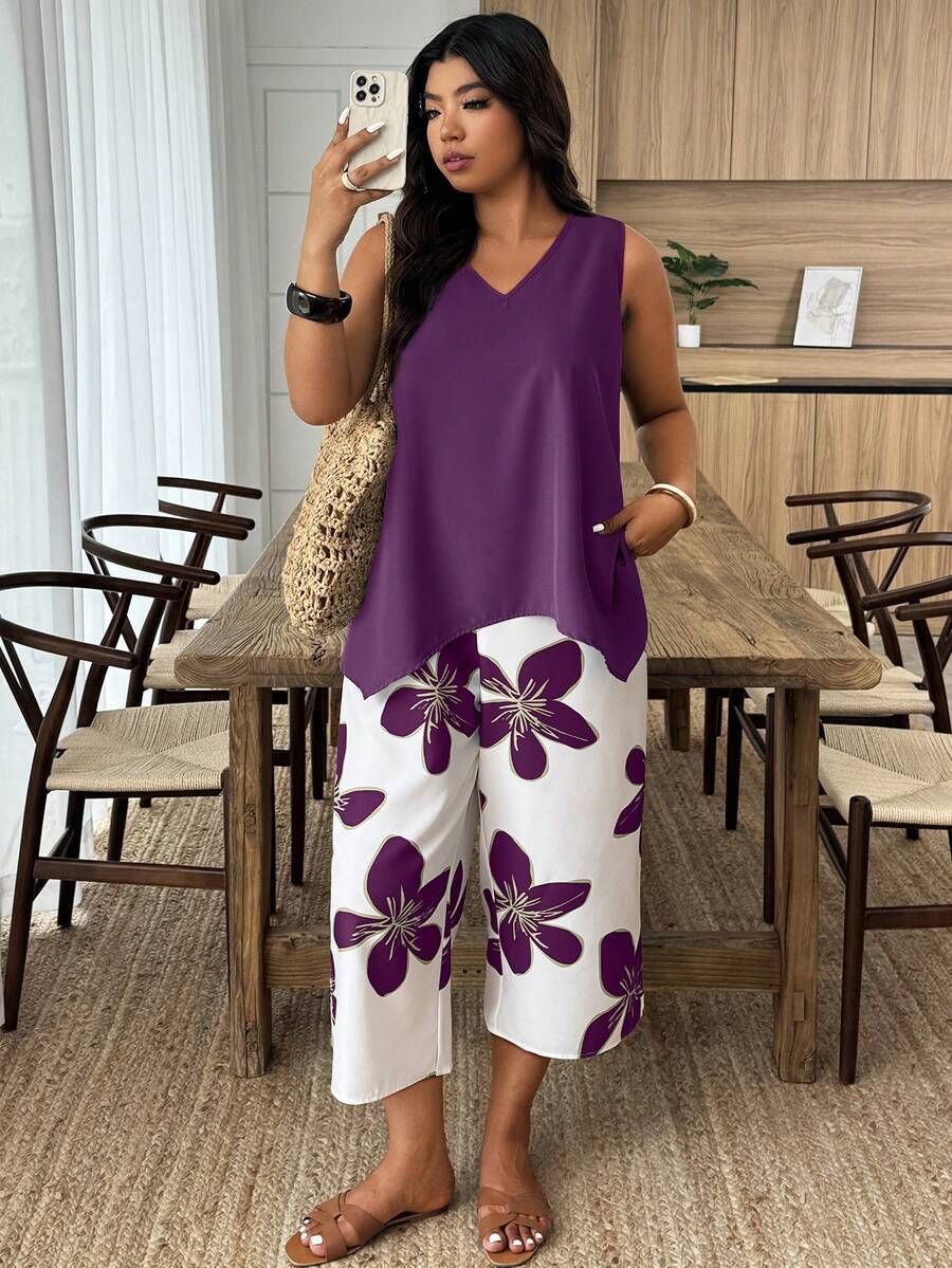 Women's Casual Elegant Printed Cropped Pants Set Purple