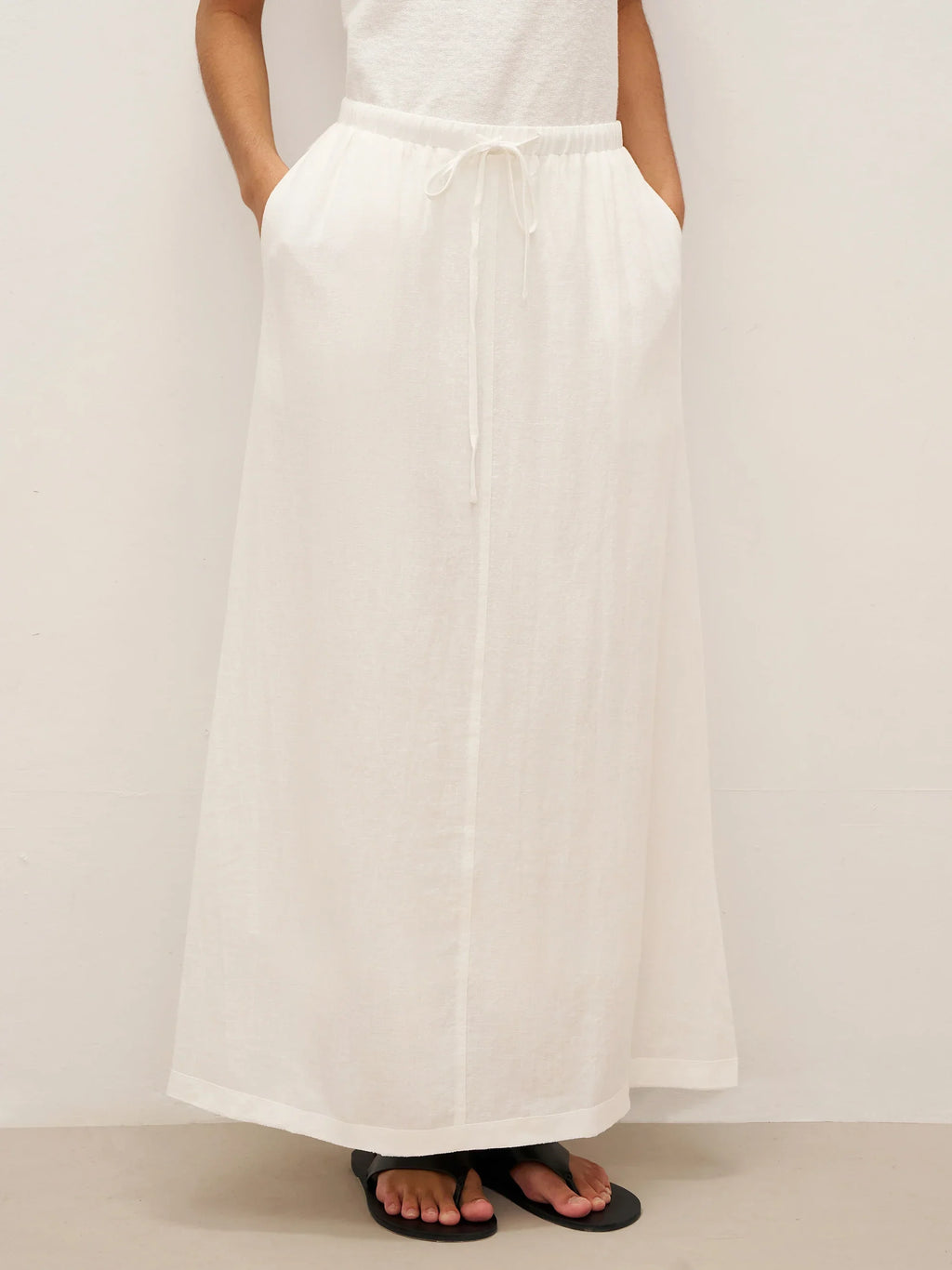 Linen Elastic Waist Drawstring Maxi Skirt NINA Optic White