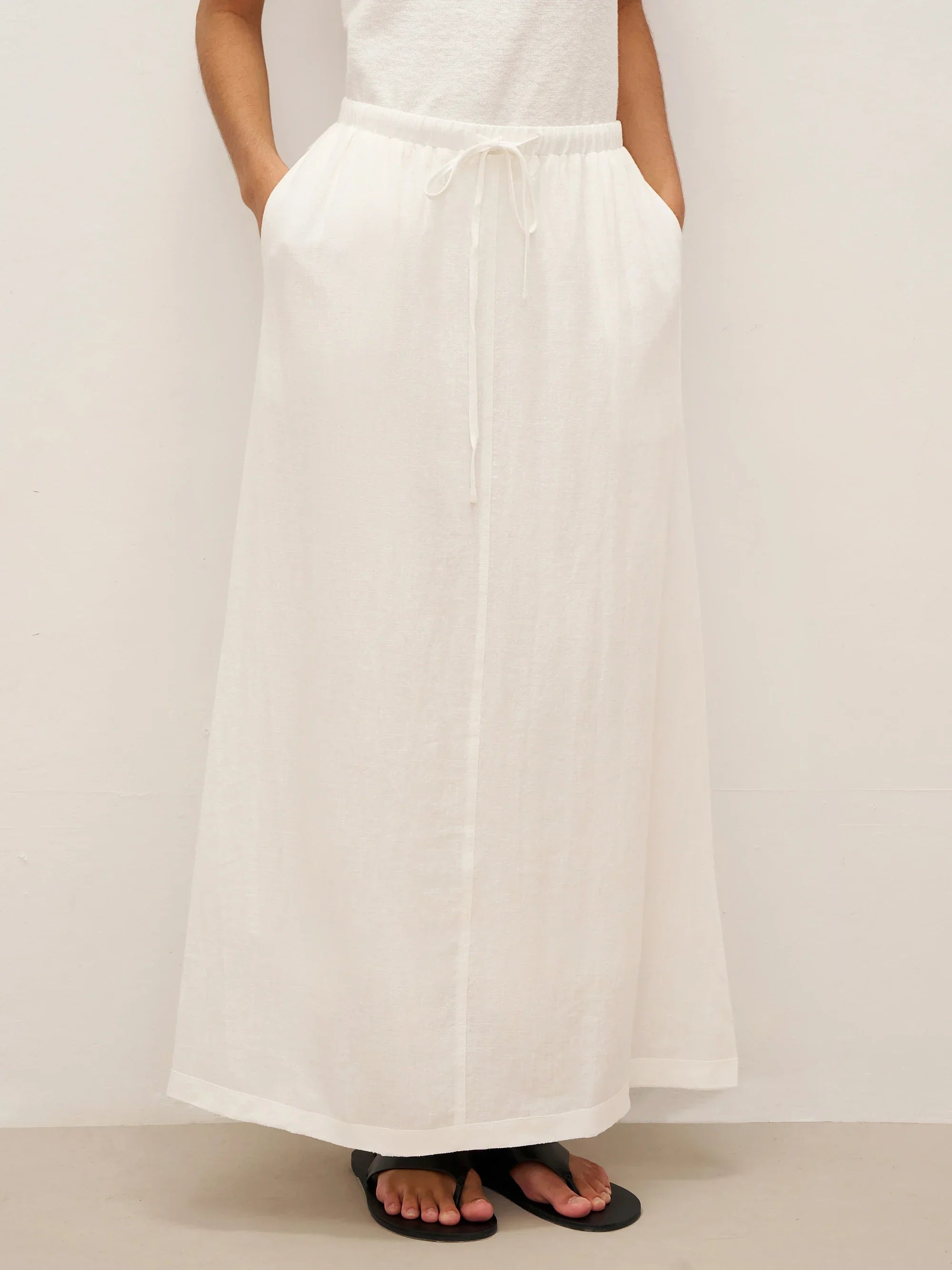 Linen Elastic Waist Drawstring Maxi Skirt NINA Optic White