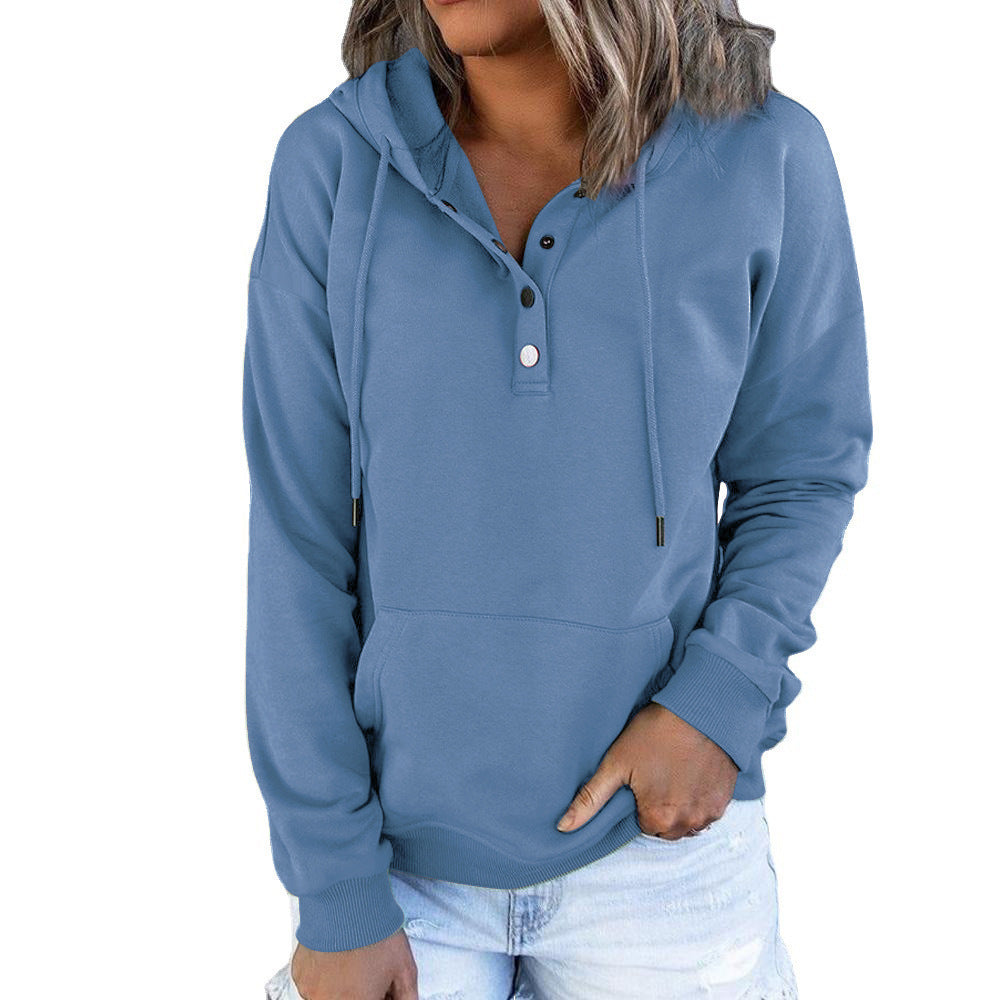Long-sleeved Hooded Sweatshirt With Pockets Fashion Casual Button Drawstring Design Hoodie Top Spring And Autumn Sports Clothing For Women Blue