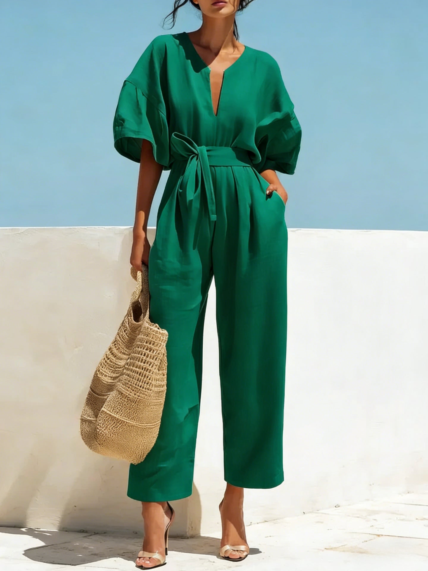 Fashionable V-Neck Solid Color Cotton-Linen Jumpsuit For Women Dark Green