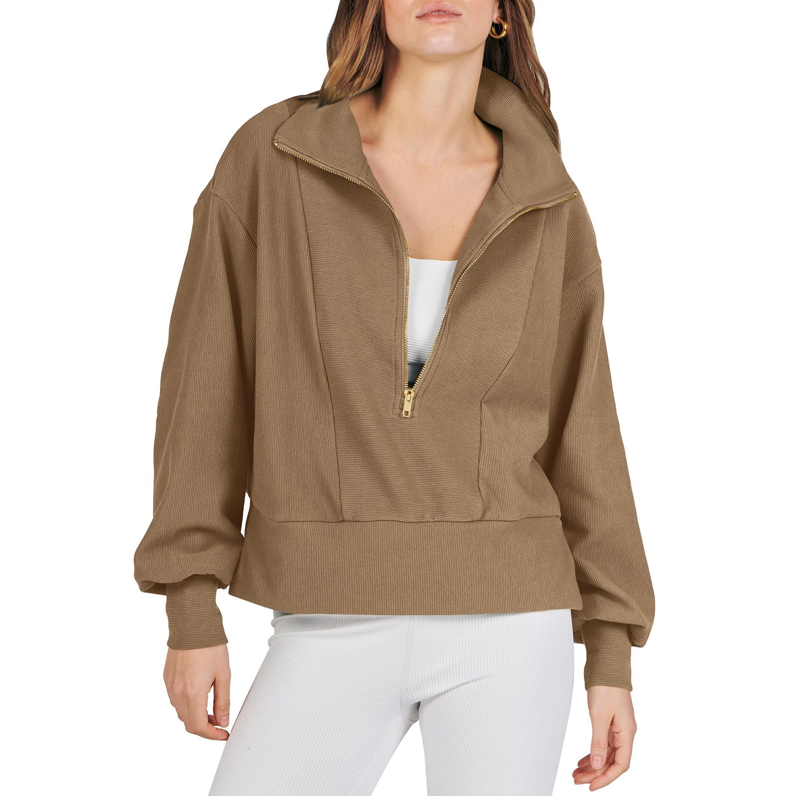 Women's Half-zip Pullover Long-sleeved Sweatshirt Khaki