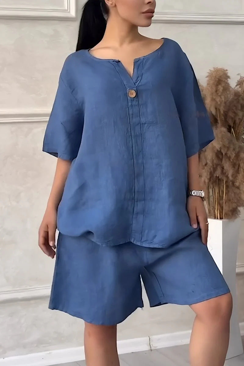 Cotton-linen Shirt Set With High-waisted Loose Shorts For Women Sapphire Blue