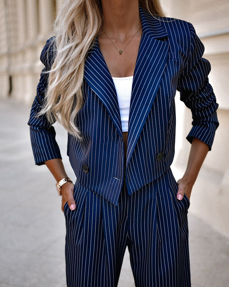 Women's Spring Fashion Striped Suits Casual Lapel Long Sleeve Cropped Top And Straight Pants Outfits Women's Clothing Dark Blue