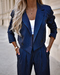 Women's Spring Fashion Striped Suits Casual Lapel Long Sleeve Cropped Top And Straight Pants Outfits Women's Clothing Dark Blue