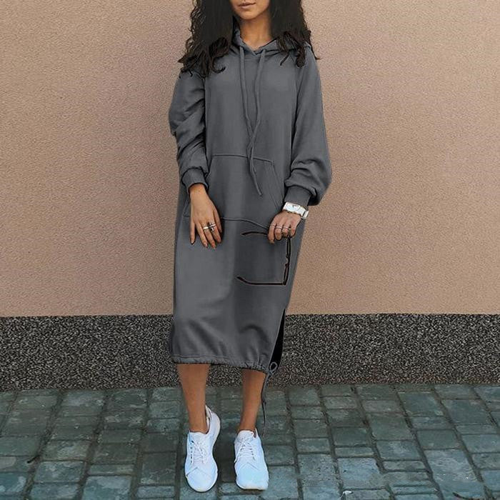 Casual Long-sleeved Hooded Sweater With Pocket Fashion Drawstring Long Sweatshirt Womens Clothing Grey
