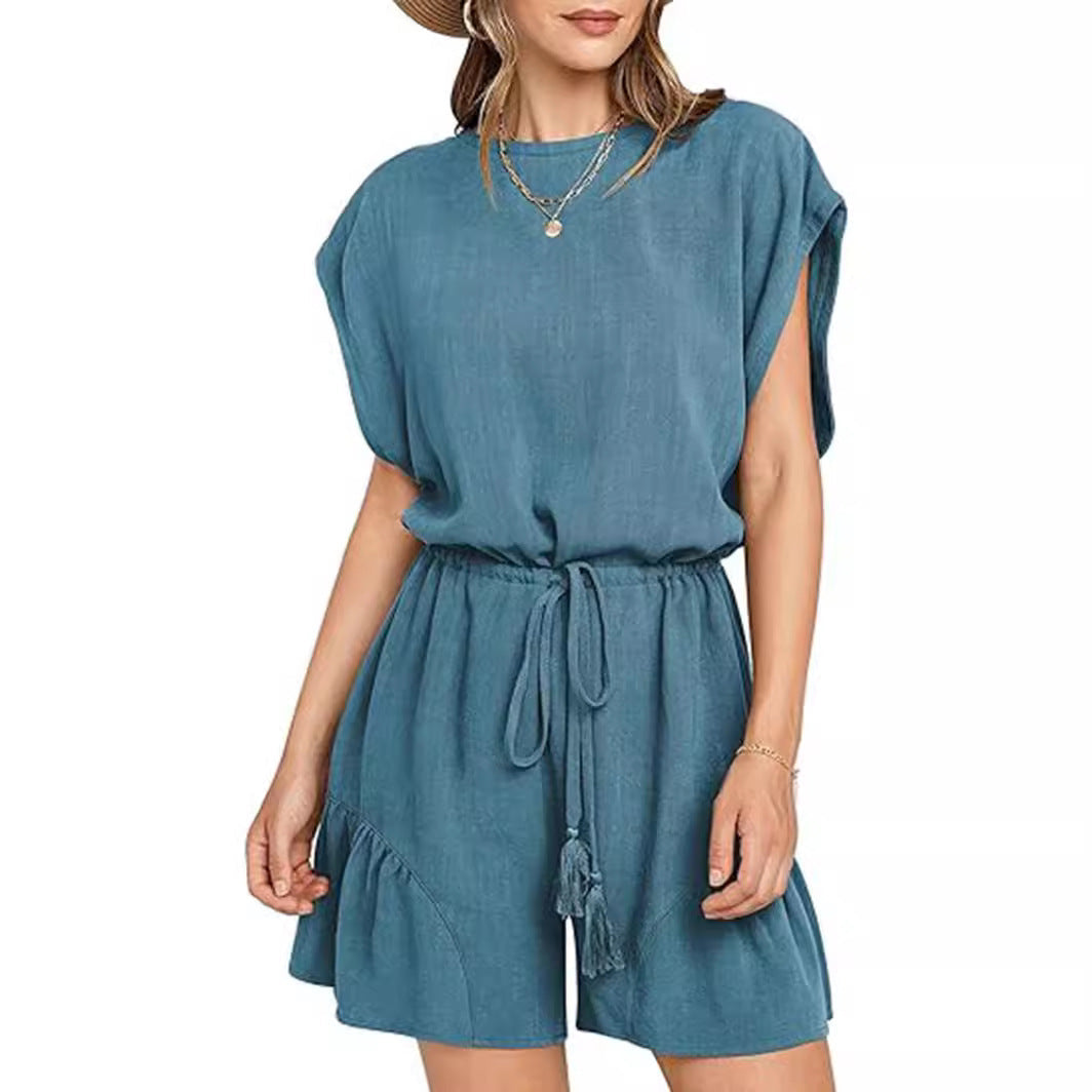 Cotton And Linen Jumpsuit Loose Waist Short Sleeve Women Blue
