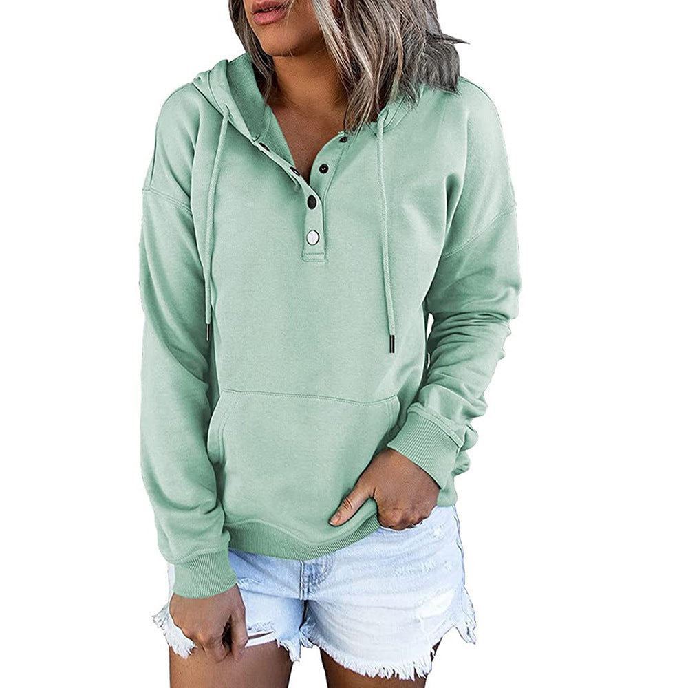 Long-sleeved Hooded Sweatshirt With Pockets Fashion Casual Button Drawstring Design Hoodie Top Spring And Autumn Sports Clothing For Women Light Green