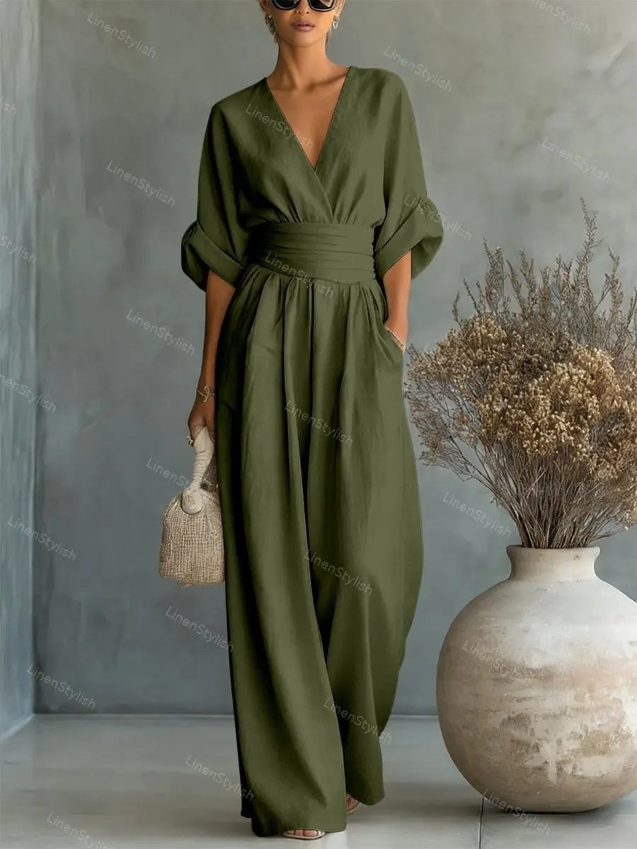 Waist-cinching V-neck Elegant Womens Jumpsuit Army Green