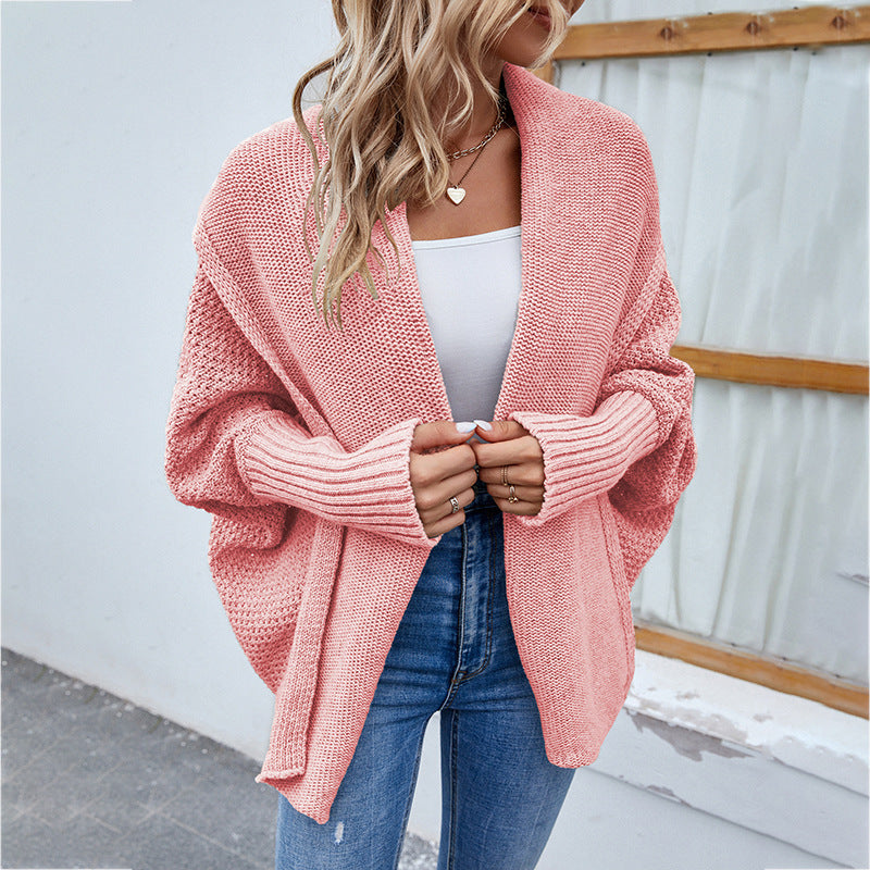 New Loose Knitted Sweater Solid Color Bat Sleeve Large Lapel Cardigan Autumn And Winter Fashion Jacket For Women Clothing Pink