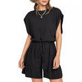 Cotton And Linen Jumpsuit Loose Waist Short Sleeve Women Black