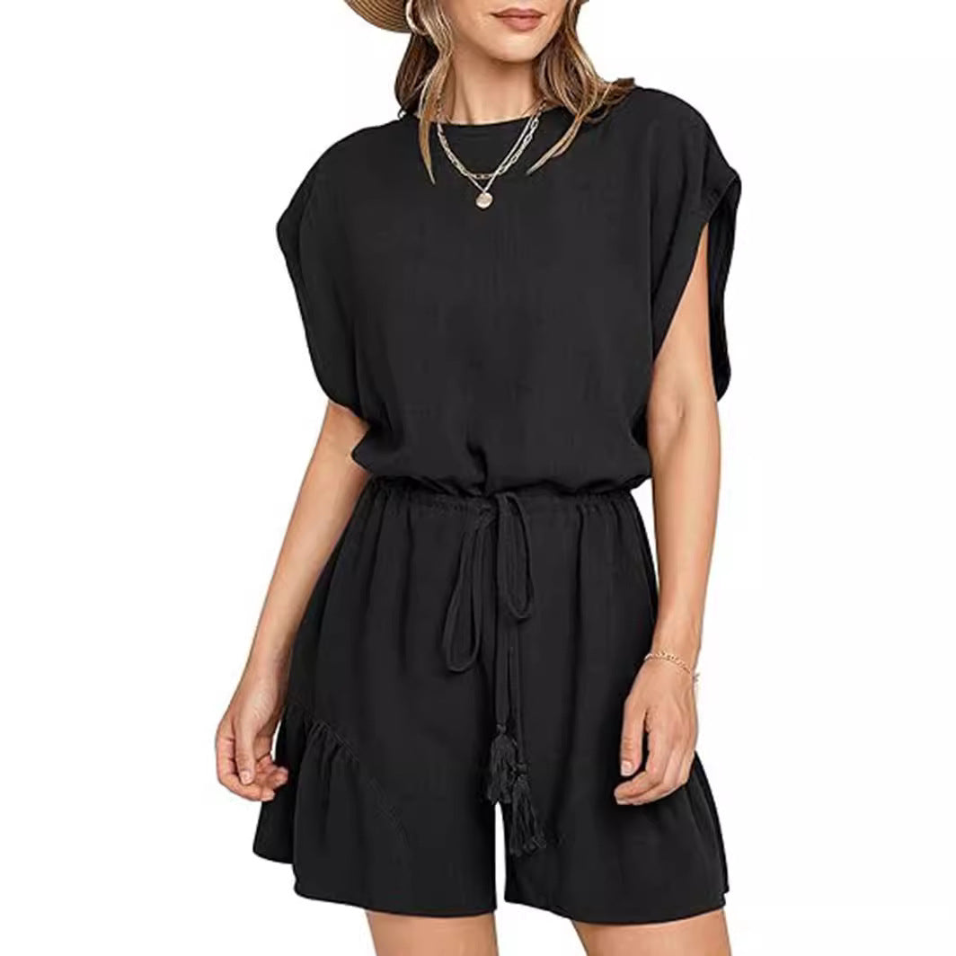 Cotton And Linen Jumpsuit Loose Waist Short Sleeve Women Black