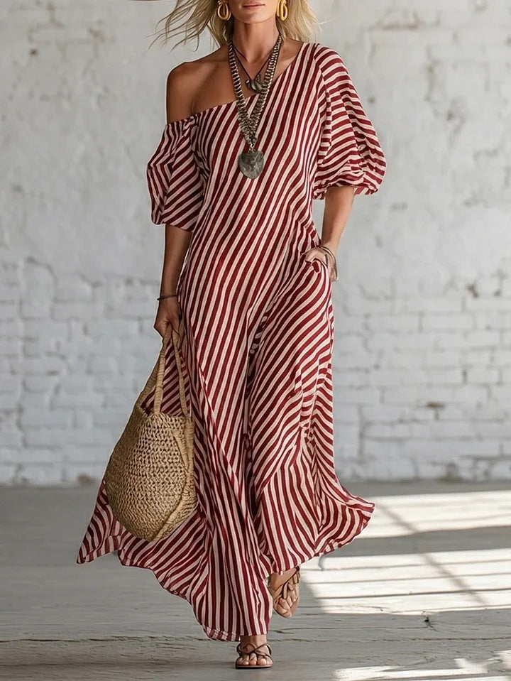 Womens Striped Off-shoulder Dress Red