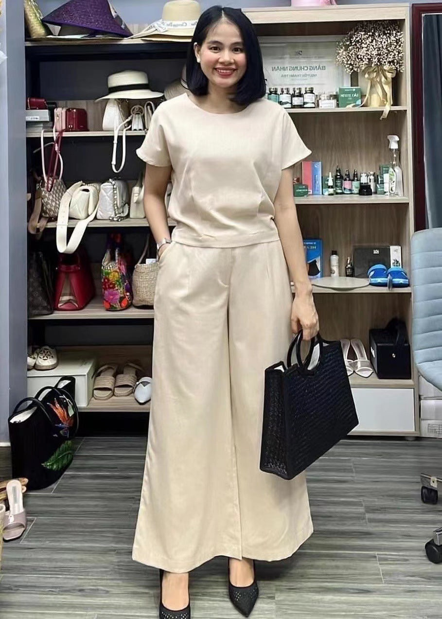 European And American Women's Linen Casual Loose Solid Color Suit Two-piece Women Off white