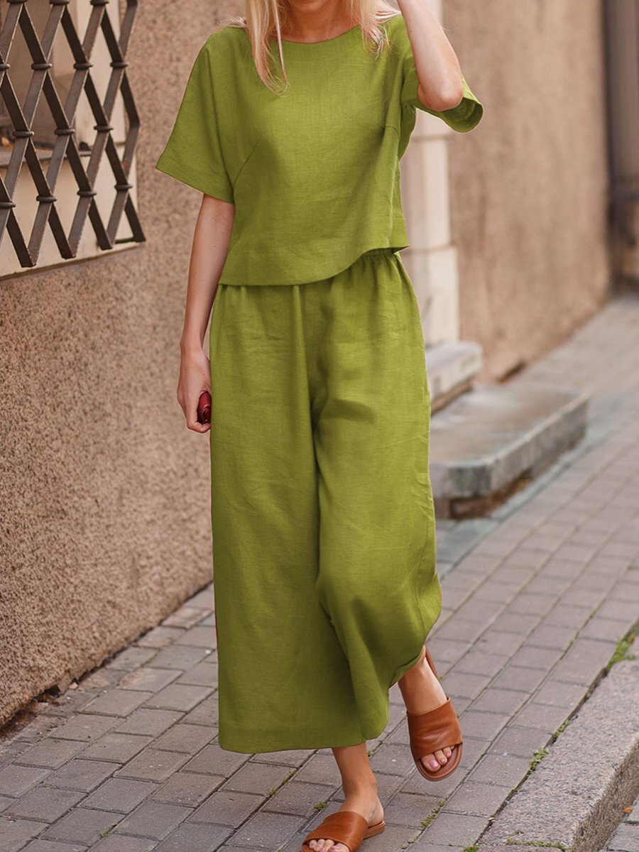 European And American Women's Linen Casual Loose Solid Color Suit Two-piece Women Green