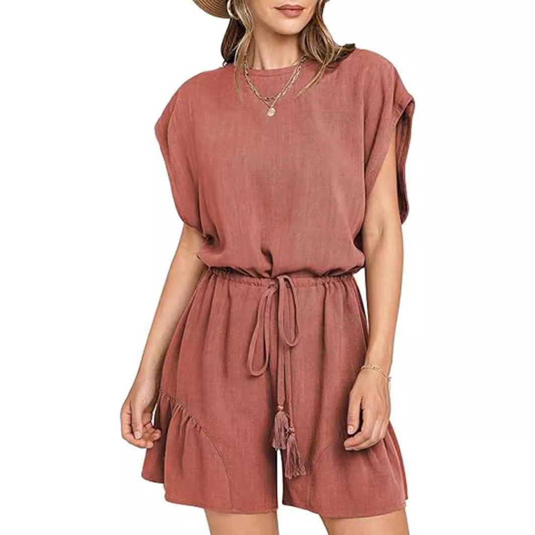 Cotton And Linen Jumpsuit Loose Waist Short Sleeve Women Brick Red