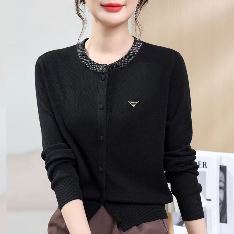 Womens Round-Neck, Diamond-Embellished, Solid-Colored Knit Cardigan Black