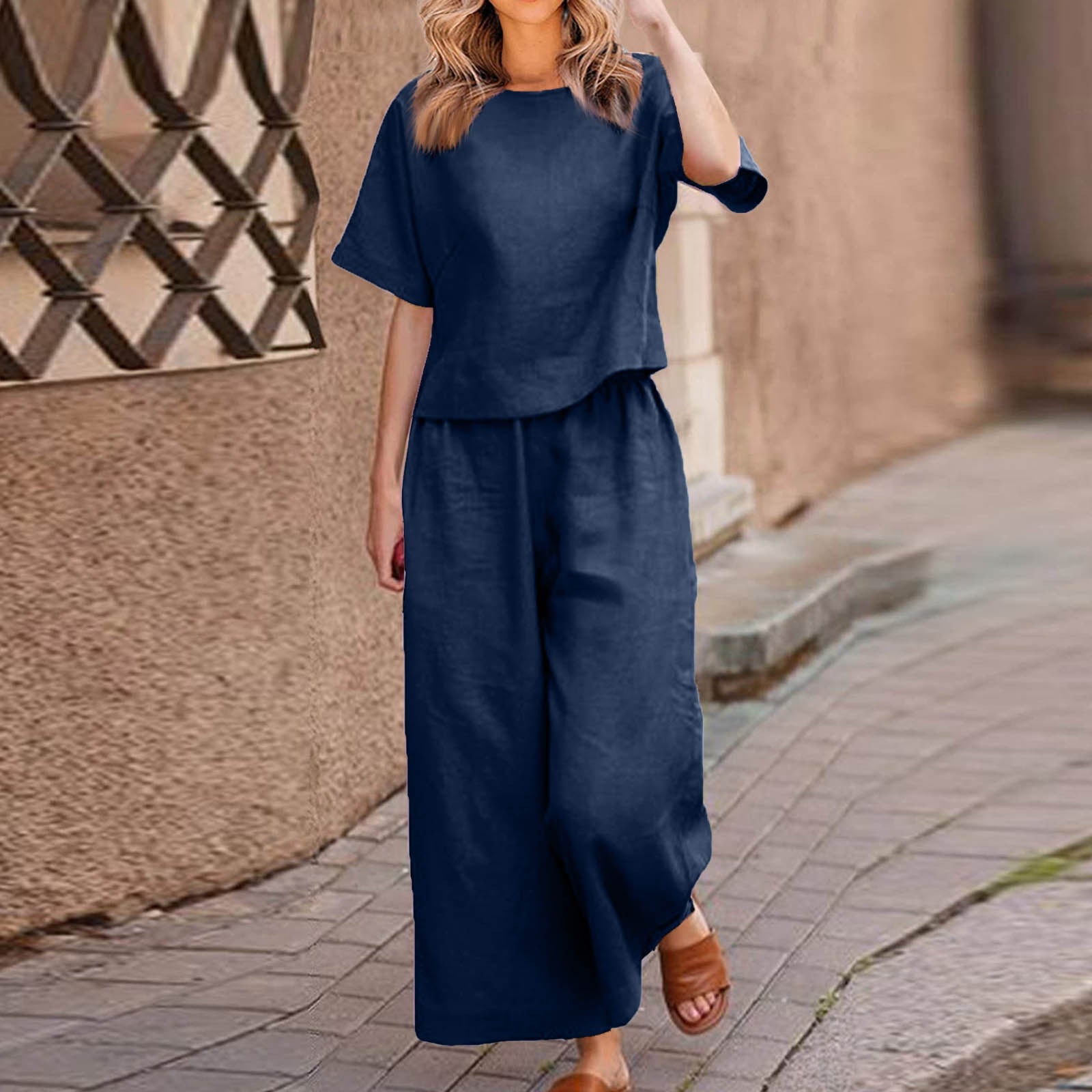 European And American Women's Linen Casual Loose Solid Color Suit Two-piece Women Dark Blue