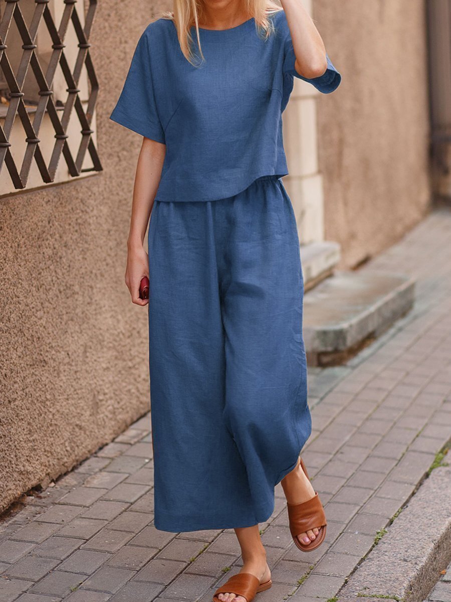 European And American Women's Linen Casual Loose Solid Color Suit Two-piece Women Navy