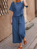 European And American Women's Linen Casual Loose Solid Color Suit Two-piece Women Navy