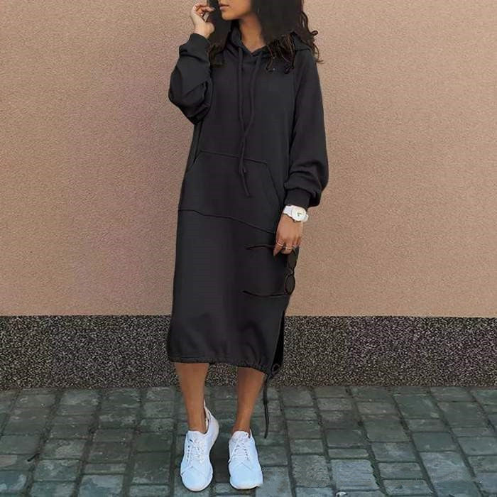 Casual Long-sleeved Hooded Sweater With Pocket Fashion Drawstring Long Sweatshirt Womens Clothing Black