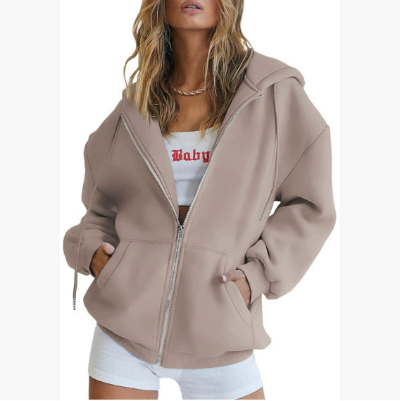 Women's Fashion Casual Solid Color Drawstring Zipper Hooded Sweatshirt Camel XXL