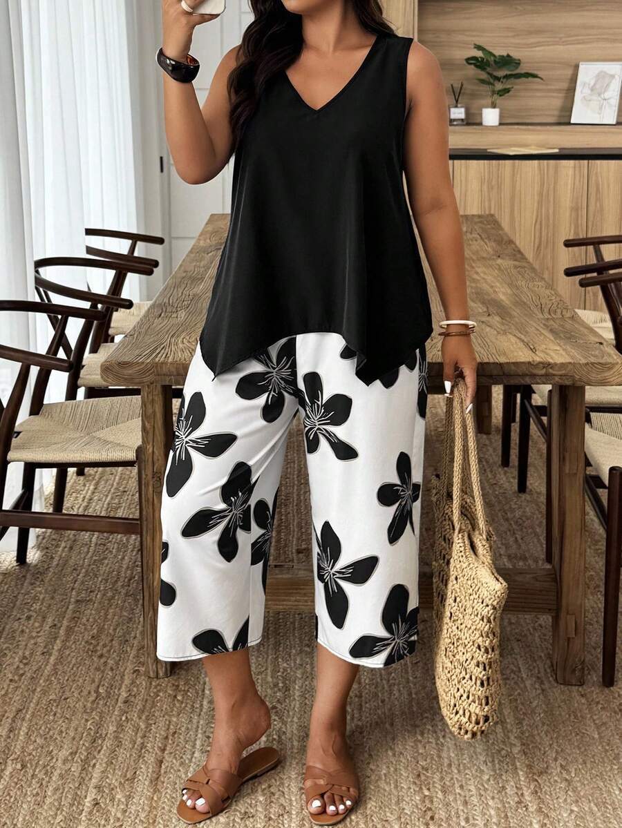 Women's Casual Elegant Printed Cropped Pants Set Black