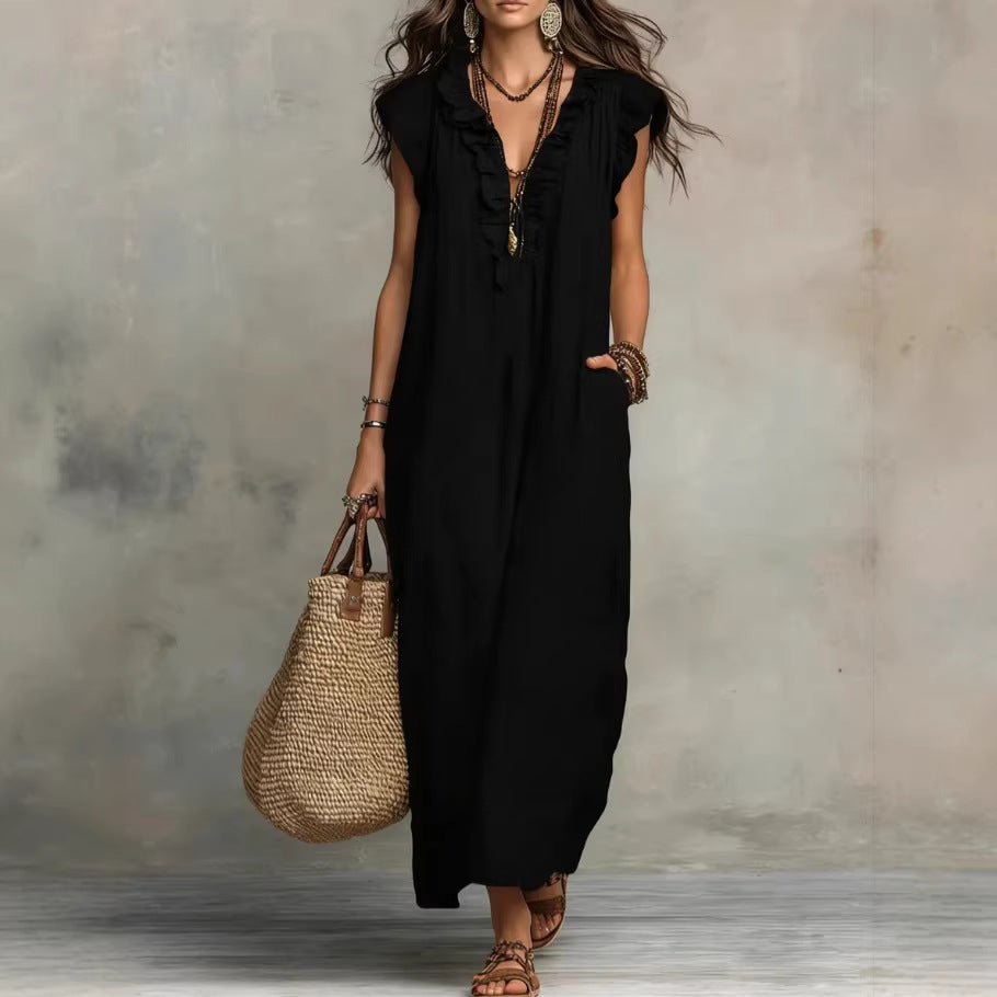 Women's Spring Summer Pocket Ruffle Elegant Dress XSQ10021