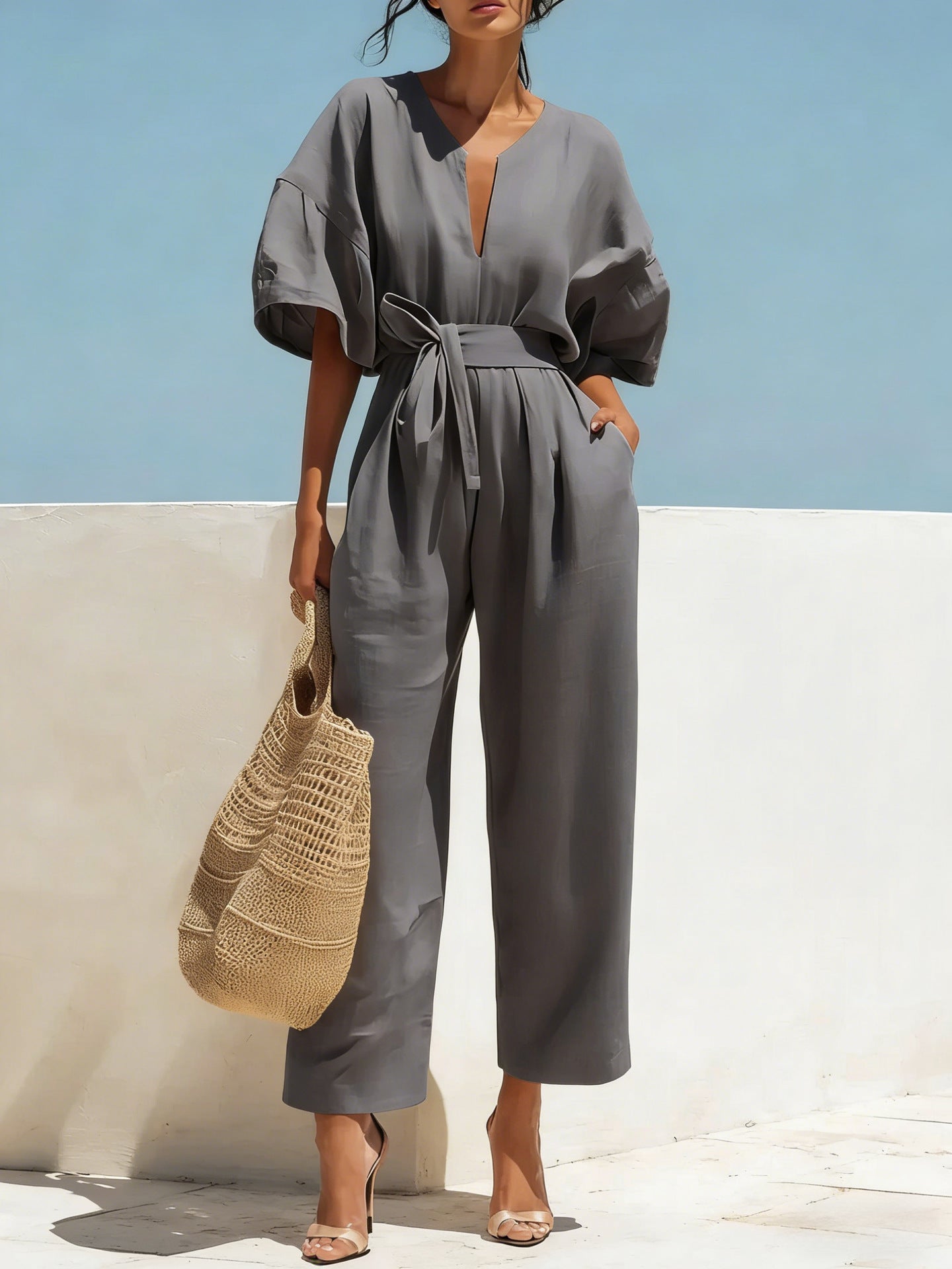 Fashionable V-Neck Solid Color Cotton-Linen Jumpsuit For Women Gray
