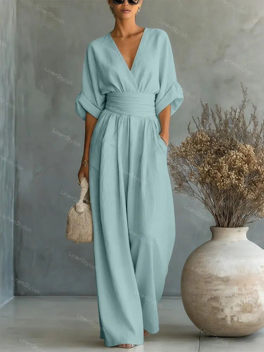 Waist-cinching V-neck Elegant Womens Jumpsuit Peacock Blue