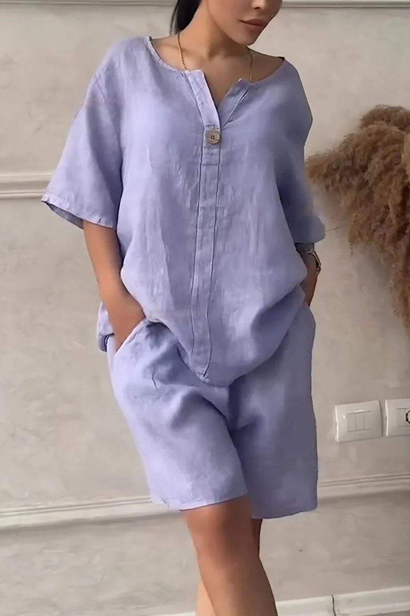 Cotton-linen Shirt Set With High-waisted Loose Shorts For Women Purple