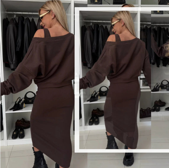 Women's Two Piece Dress Suit Fashion Long-sleeved V-neck Pullover Sweatshirt And Sleeveless Dresses Set Coffee
