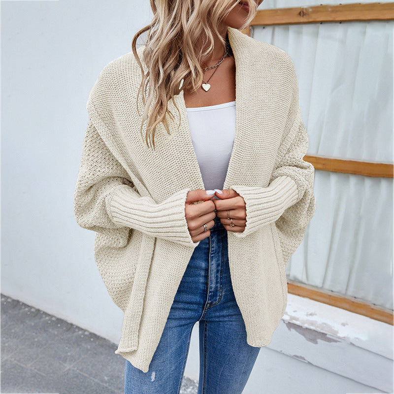 New Loose Knitted Sweater Solid Color Bat Sleeve Large Lapel Cardigan Autumn And Winter Fashion Jacket For Women Clothing Apricot