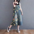 Women's Plus Size Retro Age-reducing Denim Print Suspender Skirt Blue
