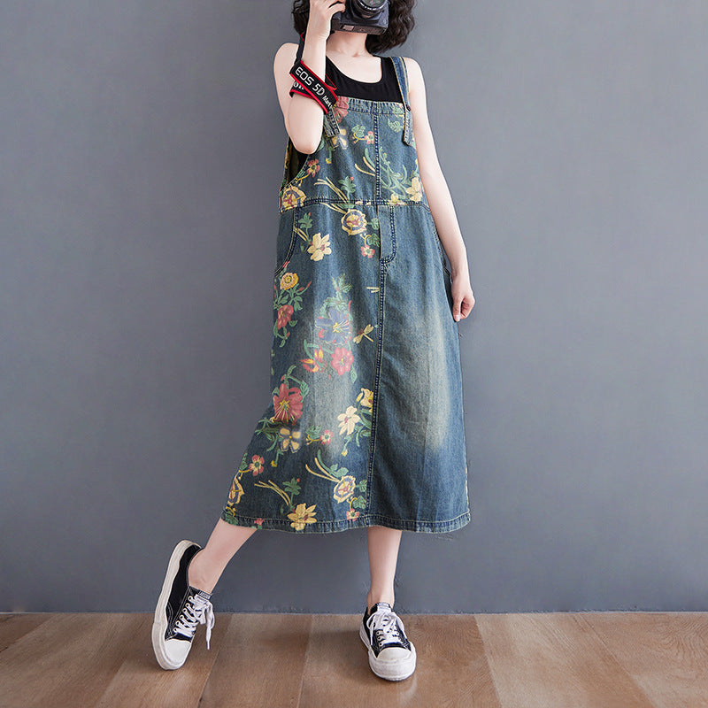 Women's Plus Size Retro Age-reducing Denim Print Suspender Skirt Blue