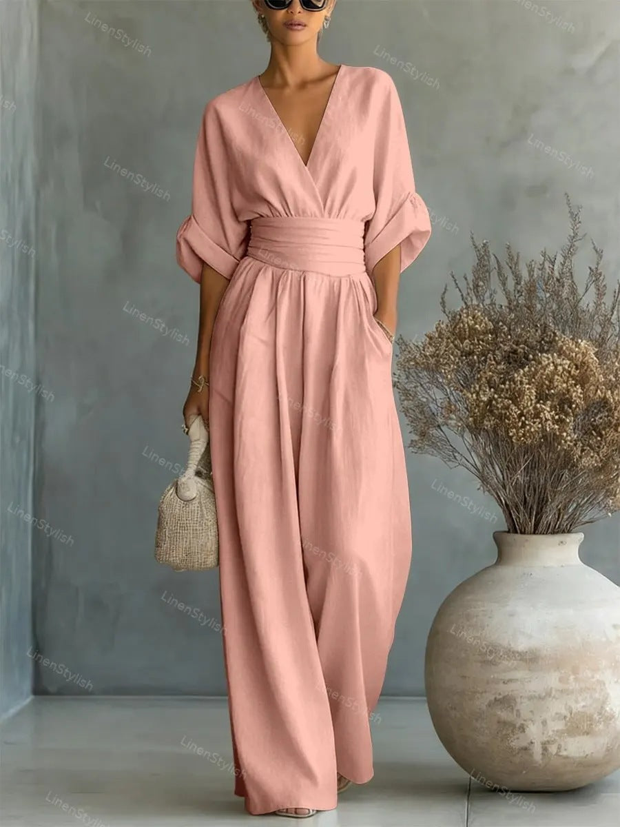 Waist-cinching V-neck Elegant Womens Jumpsuit Pink