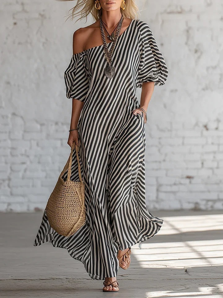 Womens Striped Off-shoulder Dress Black