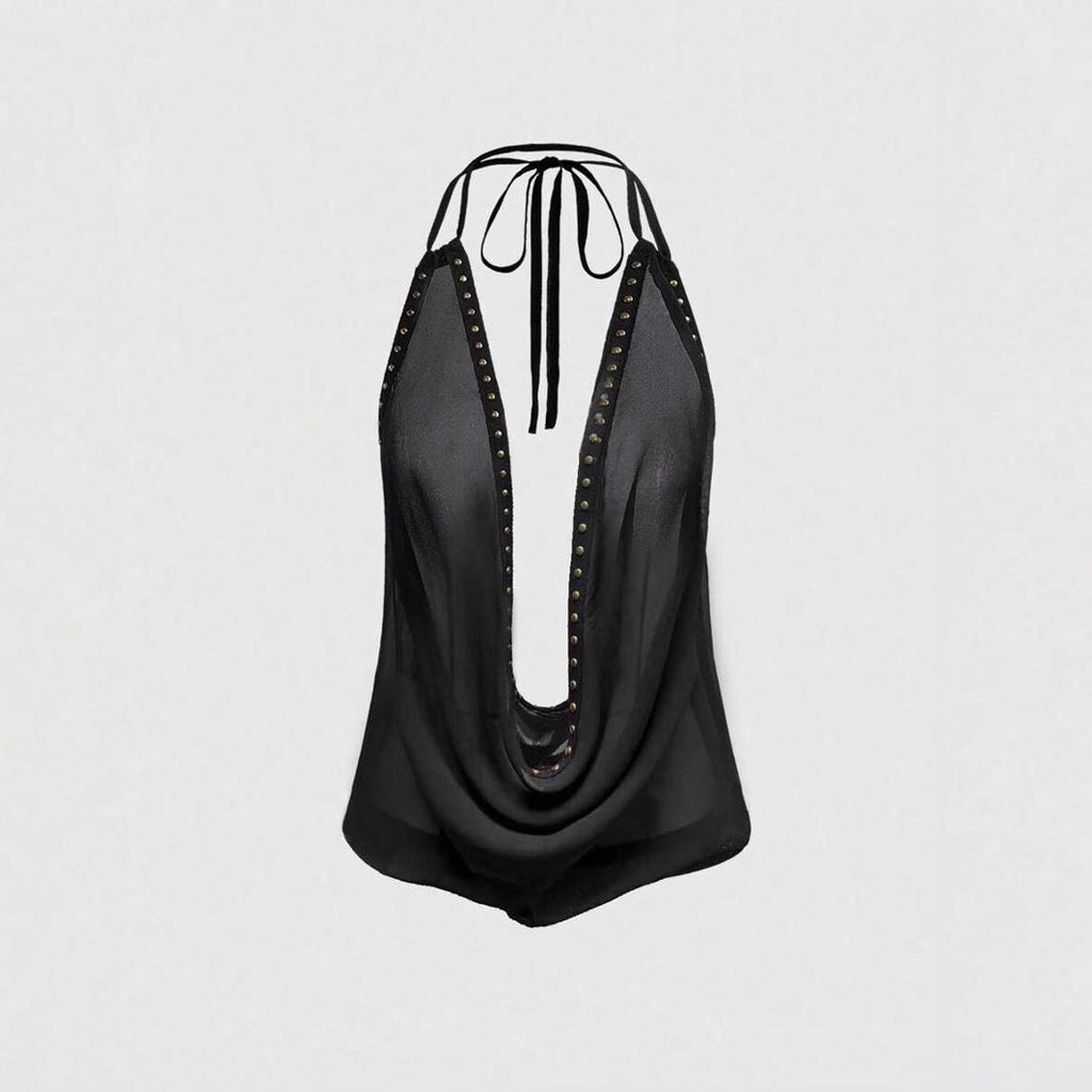 Solid-color Top With Studs Sexy Womens Clothing Black