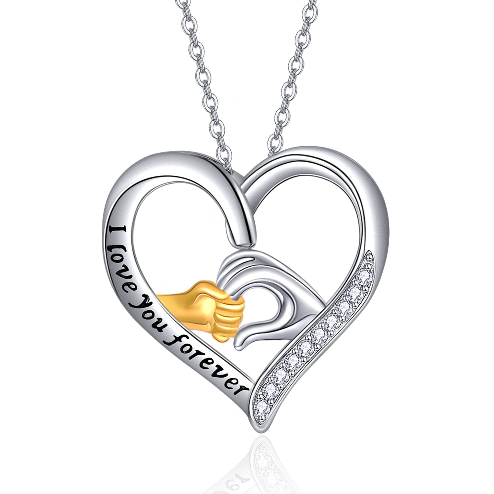 Mother and Child Hands Love Heart Pendant Necklace Jewelry for Women I Love You Forever Silver