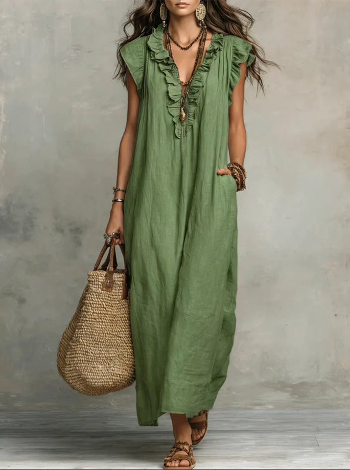 Women's Spring Summer Pocket Ruffle Elegant Dress Light Green