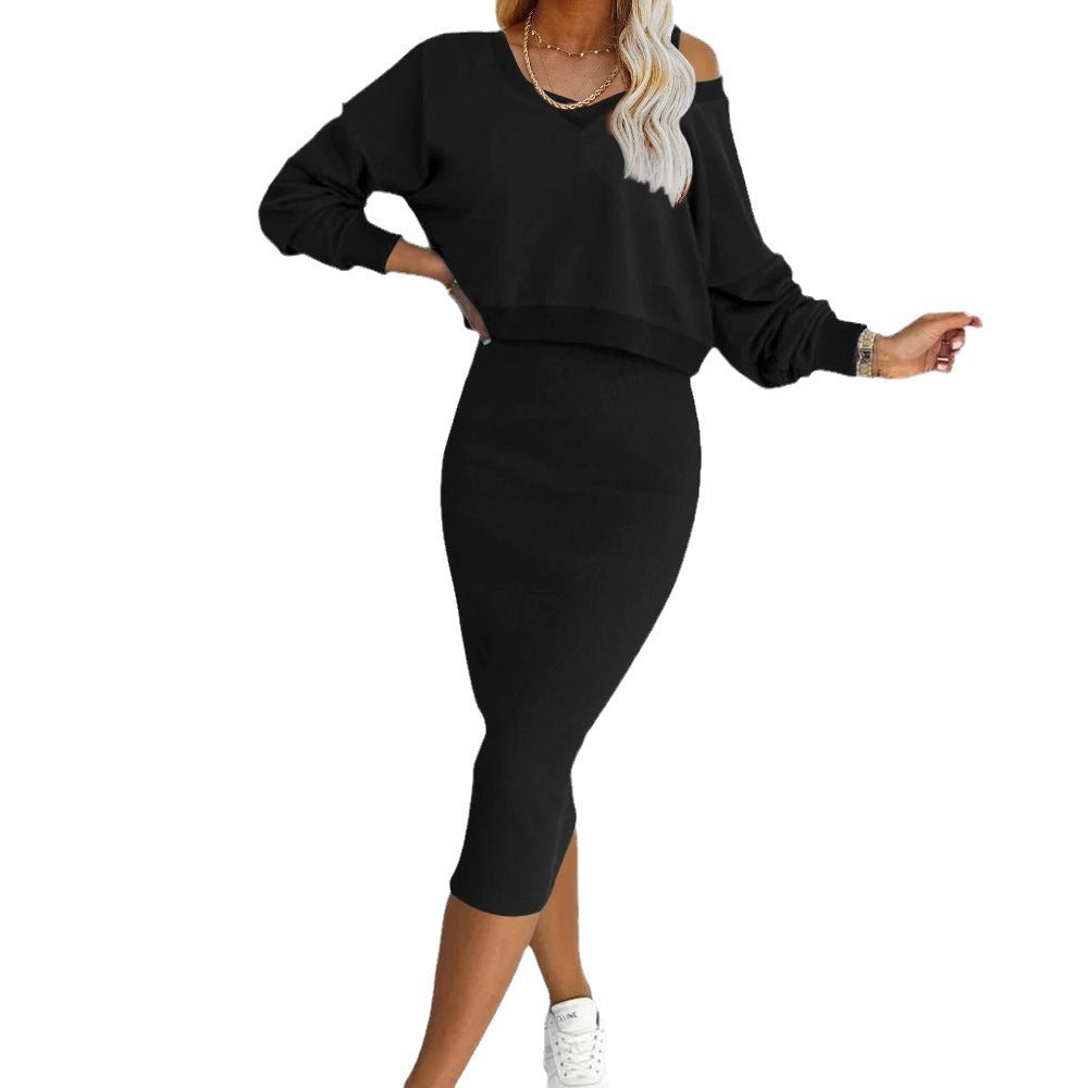 Women's Two Piece Dress Suit Fashion Long-sleeved V-neck Pullover Sweatshirt And Sleeveless Dresses Set Black