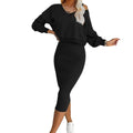 Women's Two Piece Dress Suit Fashion Long-sleeved V-neck Pullover Sweatshirt And Sleeveless Dresses Set Black