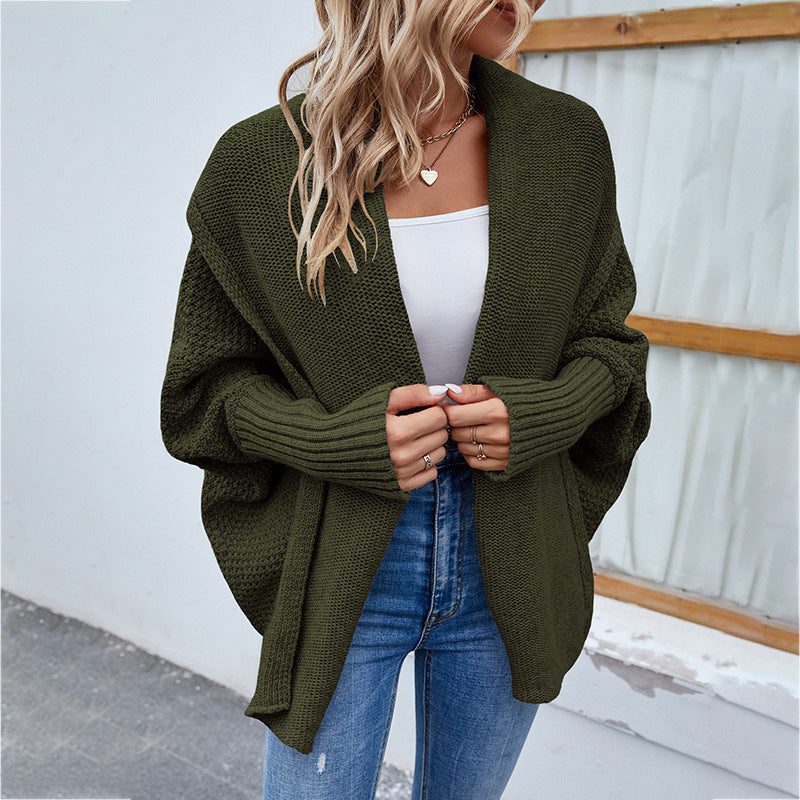 New Loose Knitted Sweater Solid Color Bat Sleeve Large Lapel Cardigan Autumn And Winter Fashion Jacket For Women Clothing Army Green