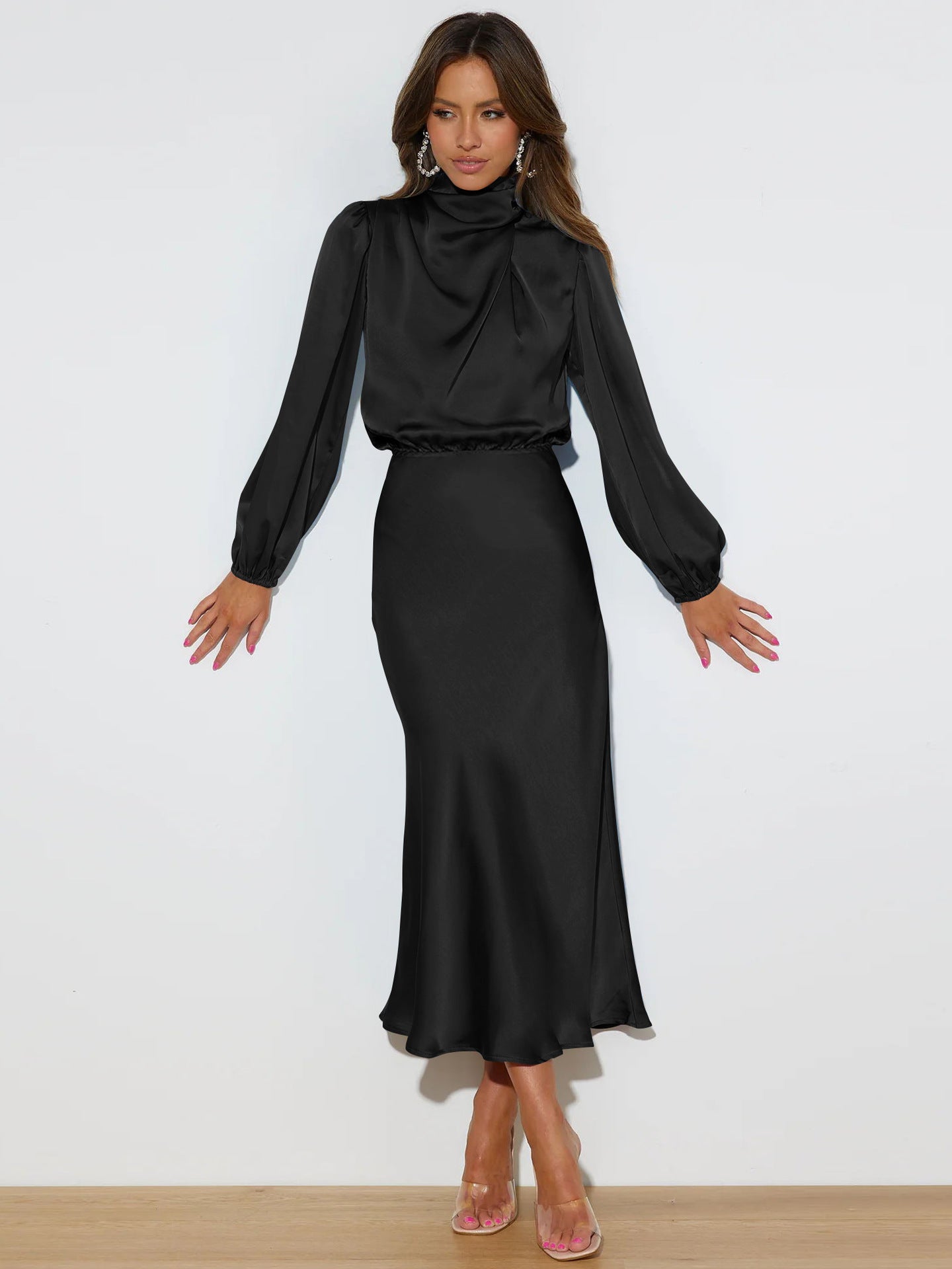 Elegant Temperament Long-sleeved Dress Satin Halterneck Formal Evening Dresses Women Clothing GQTG040 Black