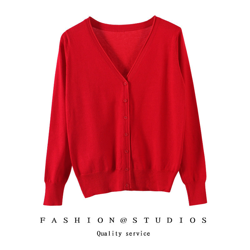 Women's Slim-fit SpringAutumn Plus-size Knitted Cardigan Red