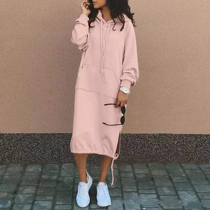 Casual Long-sleeved Hooded Sweater With Pocket Fashion Drawstring Long Sweatshirt Womens Clothing Pink