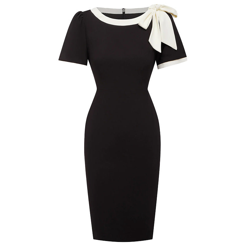 Women Crew Neck Short Sleeve Bow Color-Block Slim Fit Dress