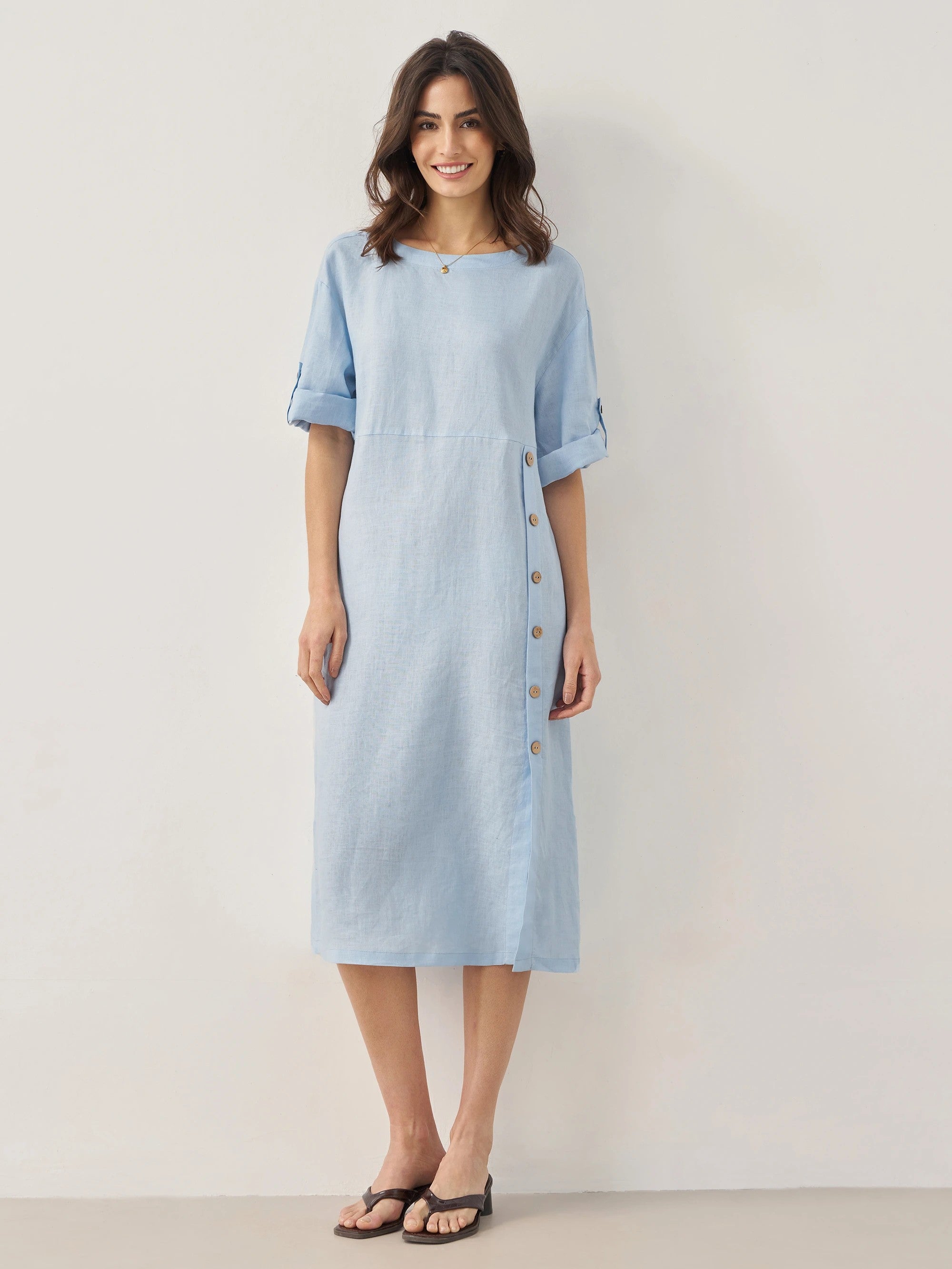 100% Linen Round Neck Button Detail Midi Dress JELENA Baby Blue